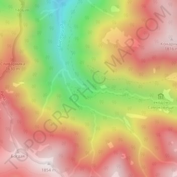Bistritsa Waterfall topographic map, elevation, terrain