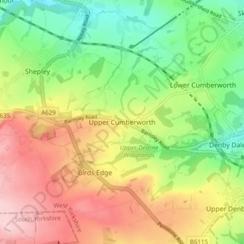 Upper Cumberworth topographic map, elevation, terrain