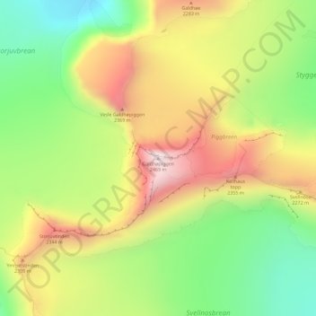 Galdhøpiggen topographic map, elevation, terrain