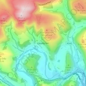 Llandynan topographic map, elevation, terrain