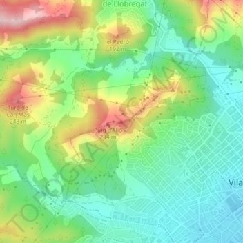 Piug de Miramar topographic map, elevation, terrain