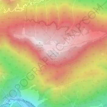 Monte Jouf topographic map, elevation, terrain