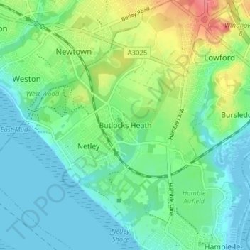 Butlocks Heath topographic map, elevation, terrain