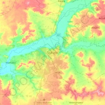 Sokoto topographic map, elevation, terrain