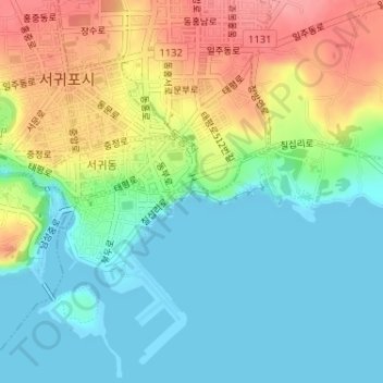 JeongBang Waterfall topographic map, elevation, terrain