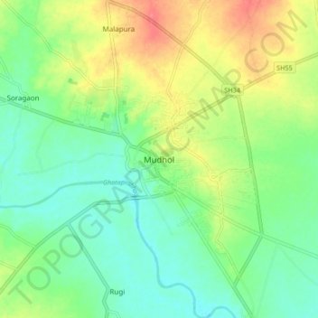 Mudhol topographic map, elevation, terrain