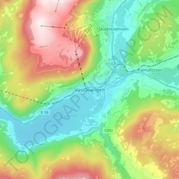 Vossavangen topographic map, elevation, terrain
