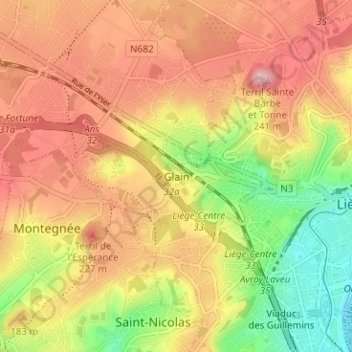 Glain topographic map, elevation, terrain