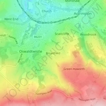 Broadfield topographic map, elevation, terrain