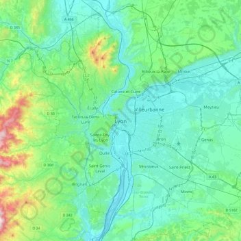 Lyon topographic map, elevation, terrain