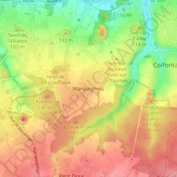 Warquignies topographic map, elevation, terrain