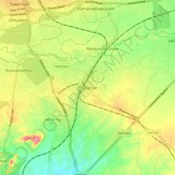Podanur topographic map, elevation, terrain
