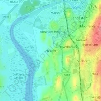 Aldcliffe topographic map, elevation, terrain