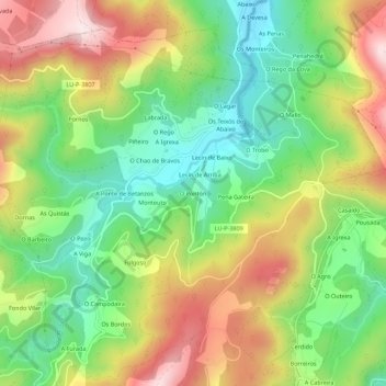 O Pontón topographic map, elevation, terrain