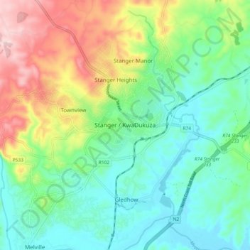 Stanger / KwaDukuza topographic map, elevation, terrain