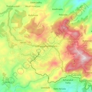 Udhagamandalam topographic map, elevation, terrain