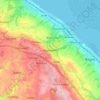 Holywell topographic map, elevation, terrain