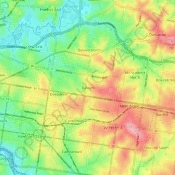 Balwyn topographic map, elevation, terrain