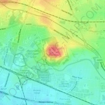 Horsenden Hill topographic map, elevation, terrain