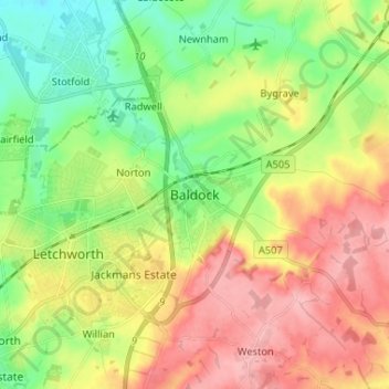 Baldock topographic map, elevation, terrain