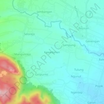 Kawedanan topographic map, elevation, terrain