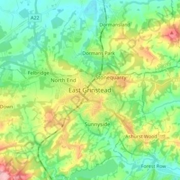 East Grinstead topographic map, elevation, terrain