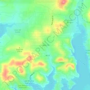 Lakehills topographic map, elevation, terrain
