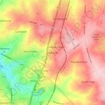 Midrand topographic map, elevation, terrain