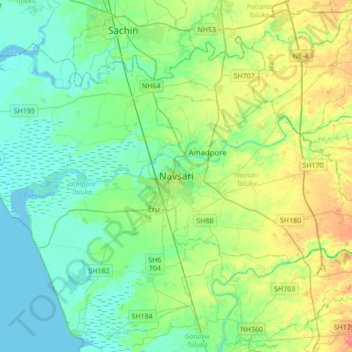 Navsari topographic map, elevation, terrain