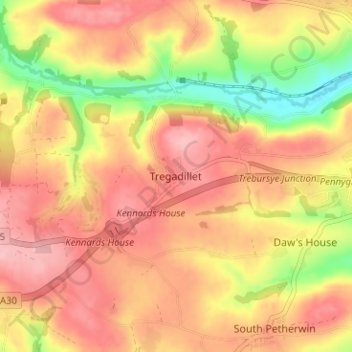 Tregadillet topographic map, elevation, terrain