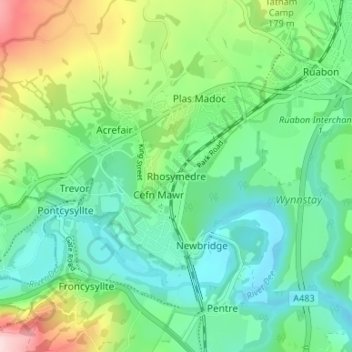 Rhosymedre topographic map, elevation, terrain