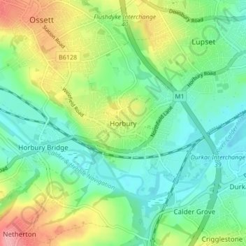 Horbury topographic map, elevation, terrain