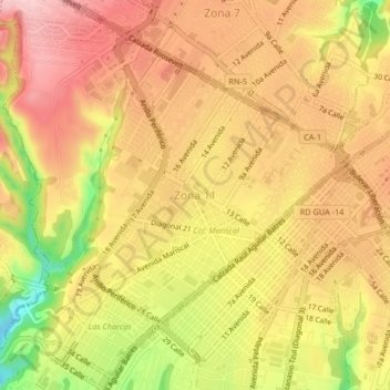 Zona 11 topographic map, elevation, terrain