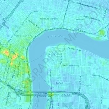 Algiers Point topographic map, elevation, terrain