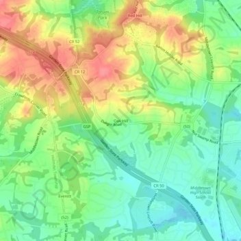 Oak Hill topographic map, elevation, terrain