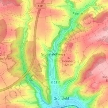 Grünsfeldhausen topographic map, elevation, terrain