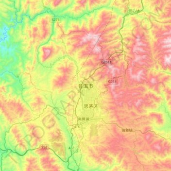 Pu'er topographic map, elevation, terrain