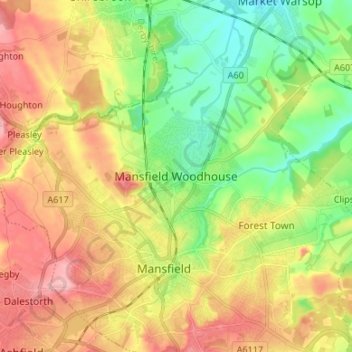 Mansfield Woodhouse topographic map, elevation, terrain