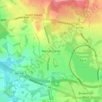 Norton Canes topographic map, elevation, terrain