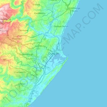 Durban topographic map, elevation, terrain