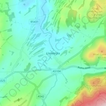 Llandegla topographic map, elevation, terrain