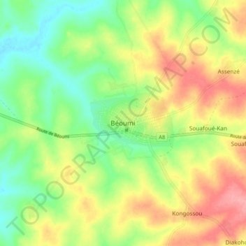 Béoumi topographic map, elevation, terrain