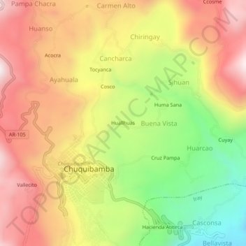 Huallhuas topographic map, elevation, terrain