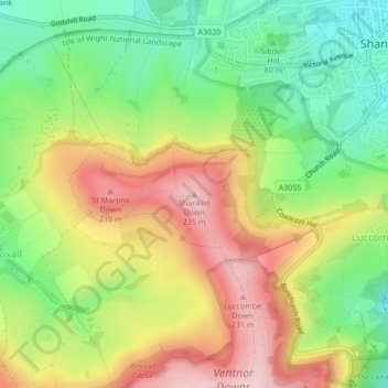 Shanklin Down topographic map, elevation, terrain