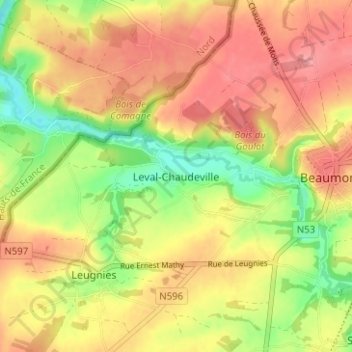 Leval-Chaudeville topographic map, elevation, terrain