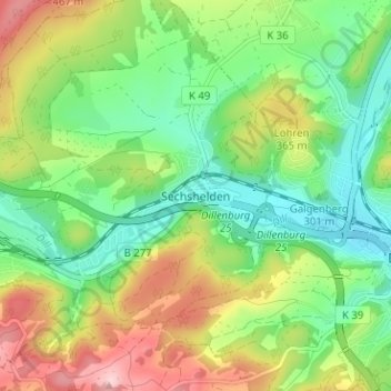 Sechshelden topographic map, elevation, terrain