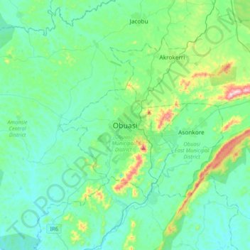 Obuasi topographic map, elevation, terrain