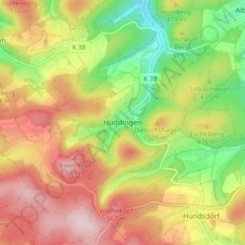 Hüddingen topographic map, elevation, terrain