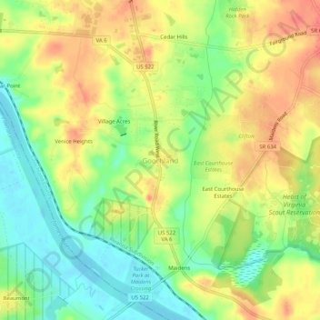 Goochland topographic map, elevation, terrain