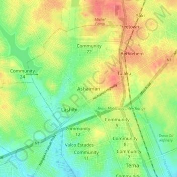 Ashaiman topographic map, elevation, terrain